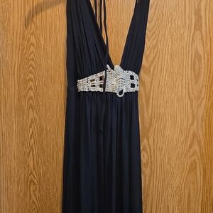 Sky Black Backless Dress with Embellished Waist